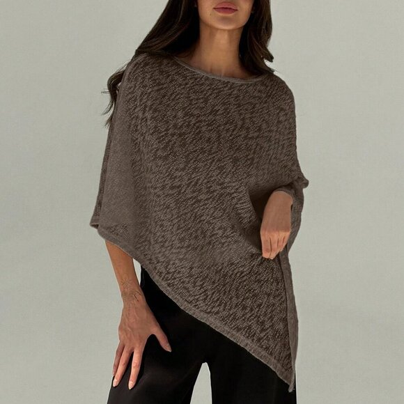 Brown Elegant Womens Off Shoulder Asymmetrical Hem Sheer Casual top - Picture 8 of 8